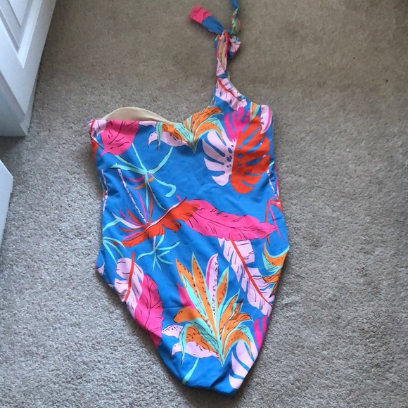 NEW Pink Lily Coral Reef Blue One Shoulder Swimsuit - Picture 5 of 6